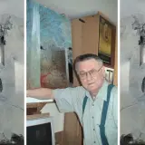 Mistrz Beksiński w swoim atelier, otoczony surrealistycznymi dziełami. W tle plakat zapowiadający wystawę.