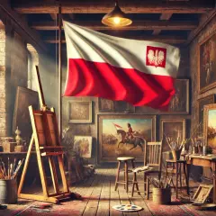 Artystyczna pracownia z polską flagą i obrazami. Kluczowe informacje o dwudziestoleciu międzywojennym w sztuce.