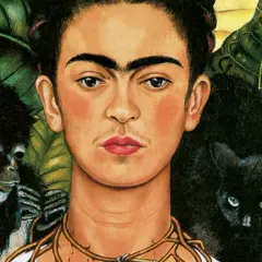Frida Kahlo w otoczeniu dżungli, z małpką i czarnym kotem. Ikoniczne frida kahlo dzieła.