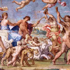 Triumfalny pochód postaci z mitologii, z tygrysem i kozłem, ukazujący bogactwo mitologizmu w sztuce.
