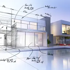 Nowoczesna bryła domu w szkicu architektonicznym z wymiarami i opisami materiałów.