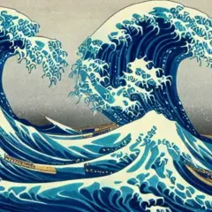 Potężna fala obrazu Hokusai, z łodziami walczącymi z żywiołem.