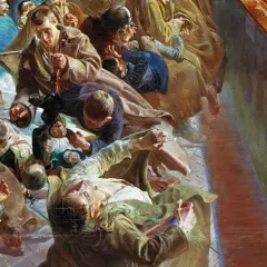 Artyści Młodej Polski w skupieniu tworzą swoje dzieła. Widać pędzle, skrzypce i zapał twórczy.
