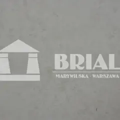 Szary, subtelnie żyłkowany biały marmur włoski z logo BRIAL na tle.
