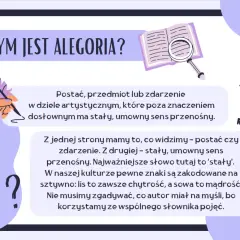 Co to alegoria? Obrazek wyjaśnia, że to postać lub zdarzenie w sztuce, które ma stały, umowny sens przenośny, jak lis symbolizujący chytrość.