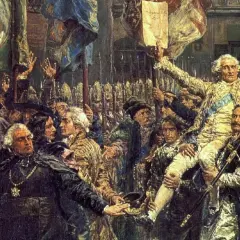 Tłum niesie na rękach mężczyznę w złocistym stroju, trzymającego dokument. Czy to symboliczny moment, który można nazwać "co to oświecenie"?