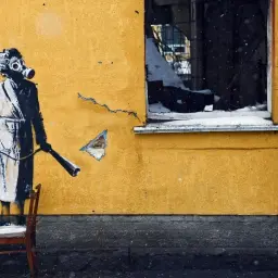 Jedno z dzieł Banksy'ego: postać w masce gazowej i z gaśnicą stoi na krześle przed zniszczonym budynkiem.
