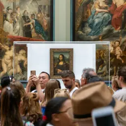 Tłum ludzi ogląda Mona Lisę, dzieło renesansu, w muzeum.