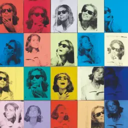 Andy Warhol dzieła: seria portretów kobiety w okularach przeciwsłonecznych na kolorowych tłach.