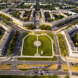 Plac Centralny w stylu socrealizmu, otoczony blokami mieszkalnymi, z zielonym parkiem i torami tramwajowymi.