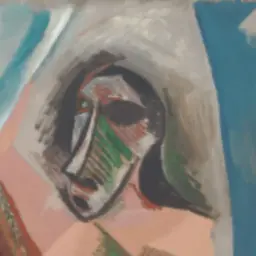 Fragment obrazu "Panny z Awinionu" Picassa. Abstrakcyjna twarz kobiety z geometrycznymi kształtami i intensywnymi kolorami.