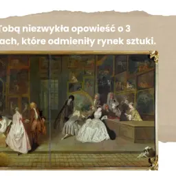 Obraz przedstawia wnętrze galerii sztuki, gdzie marszand prezentuje dzieła klientom.