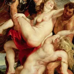Scena z mitologii, gdzie centaur porywa kobietę o rubensowskich kształtach. W tle aniołek i koń.