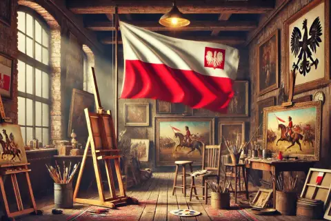 Artystyczna pracownia z polską flagą i obrazami. Kluczowe informacje o dwudziestoleciu międzywojennym w sztuce.