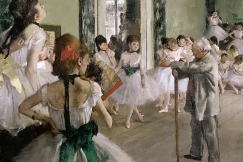 Baletnice w białych tiulowych spódniczkach, w otoczeniu mistrza, to jedno z wielu **edgar degas dzieła**.