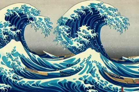 Potężna fala obrazu Hokusai, z łodziami walczącymi z żywiołem.