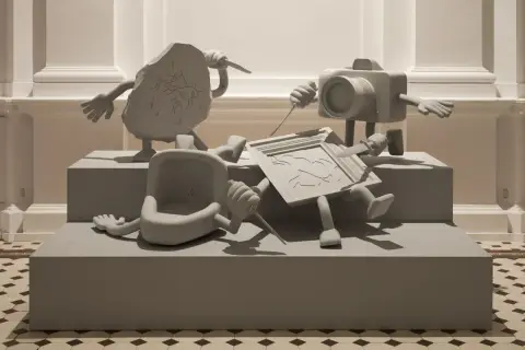 Kamienna tablica, aparat i pisuar w surrealistycznej scenie. Dzieło współcześni artyści polscy.