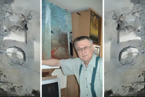 Mistrz Beksiński w swoim atelier, otoczony surrealistycznymi dziełami. W tle plakat zapowiadający wystawę.