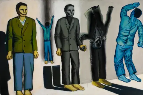 Dzieła Andrzeja Wróblewskiego: surrealistyczna wizja postaci w dziwnych pozach, z surrealistycznymi cieniami.