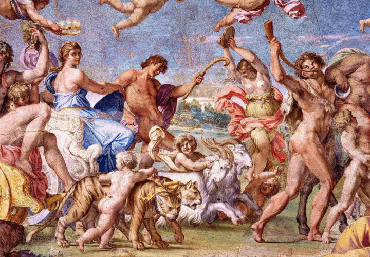 Triumfalny pochód postaci z mitologii, z tygrysem i kozłem, ukazujący bogactwo mitologizmu w sztuce.