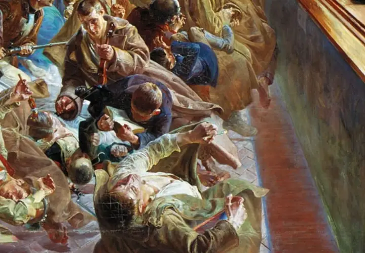 Artyści Młodej Polski w skupieniu tworzą swoje dzieła. Widać pędzle, skrzypce i zapał twórczy.