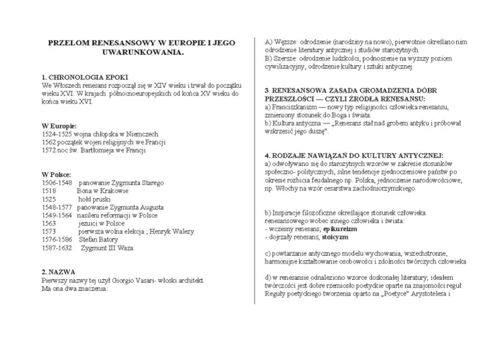 Przełom renesansowy w Europie i jego uwarunkowania. Chronologia epoki, nazwa, zasady i nawiązania do kultury antycznej.