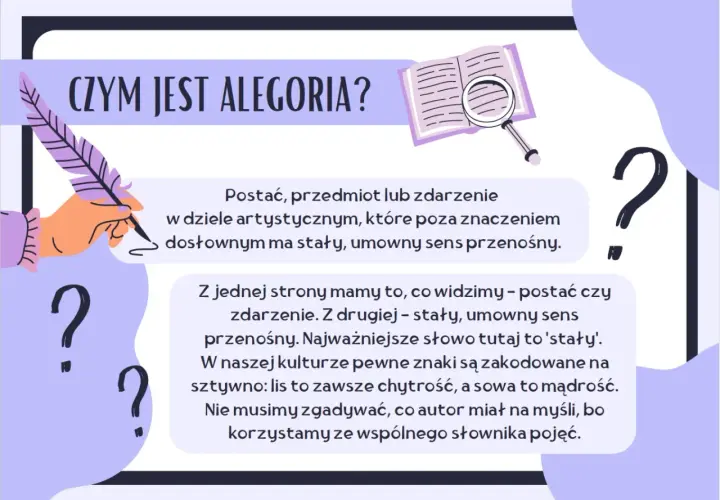 Co to alegoria? Obrazek wyjaśnia, że to postać lub zdarzenie w sztuce, które ma stały, umowny sens przenośny, jak lis symbolizujący chytrość.