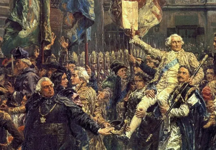 Tłum niesie na rękach mężczyznę w złocistym stroju, trzymającego dokument. Czy to symboliczny moment, który można nazwać "co to oświecenie"?