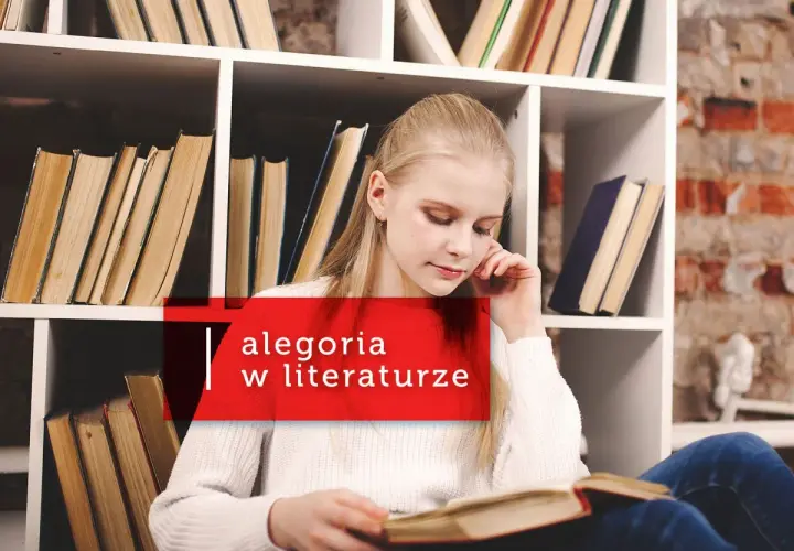 Dziewczynka zamyślona nad książką, otoczona regałami pełnymi literatury. W tle napis "alegoria w literaturze", sugerujący głębsze znaczenia.