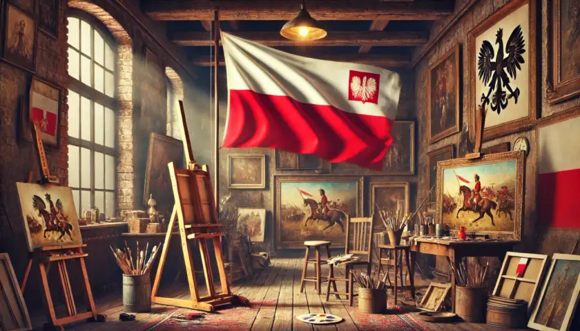 Artystyczna pracownia z polską flagą i obrazami. Kluczowe informacje o dwudziestoleciu międzywojennym w sztuce.
