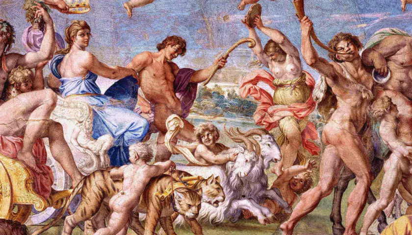 Triumfalny pochód postaci z mitologii, z tygrysem i kozłem, ukazujący bogactwo mitologizmu w sztuce.