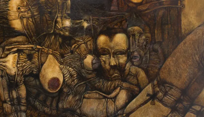Mroczne, surrealistyczne postacie splatają się w koszmarze. Dzieła Zdzisława Beksińskiego budzą grozę i fascynację.