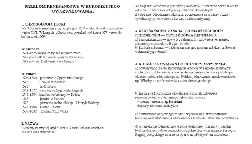 Przełom renesansowy w Europie i jego uwarunkowania. Chronologia epoki, nazwa, zasady i nawiązania do kultury antycznej.