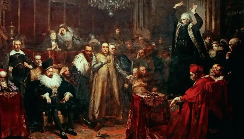 Uroczyste zgromadzenie szlachty, gdzie widać bogactwo strojów i gestów, odzwierciedlające sarmatyzm w baroku.