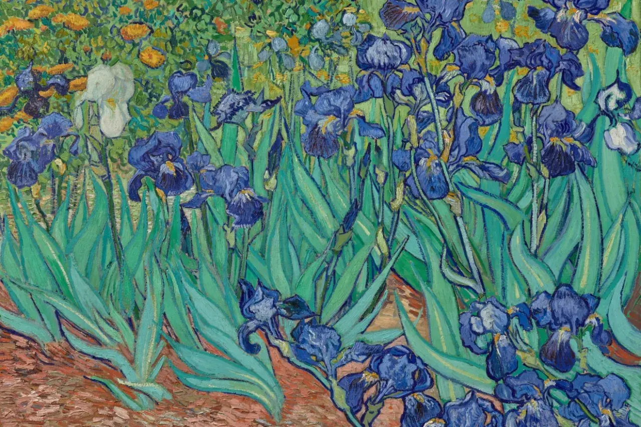 Obrazy van Gogha: bujne, niebieskie irysy i żółte kwiaty na zielonym tle, namalowane charakterystycznym, ekspresyjnym pociągnięciem pędzla.