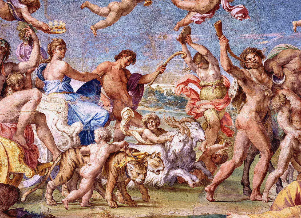 Triumfalny pochód postaci z mitologii, z tygrysem i kozłem, ukazujący bogactwo mitologizmu w sztuce.