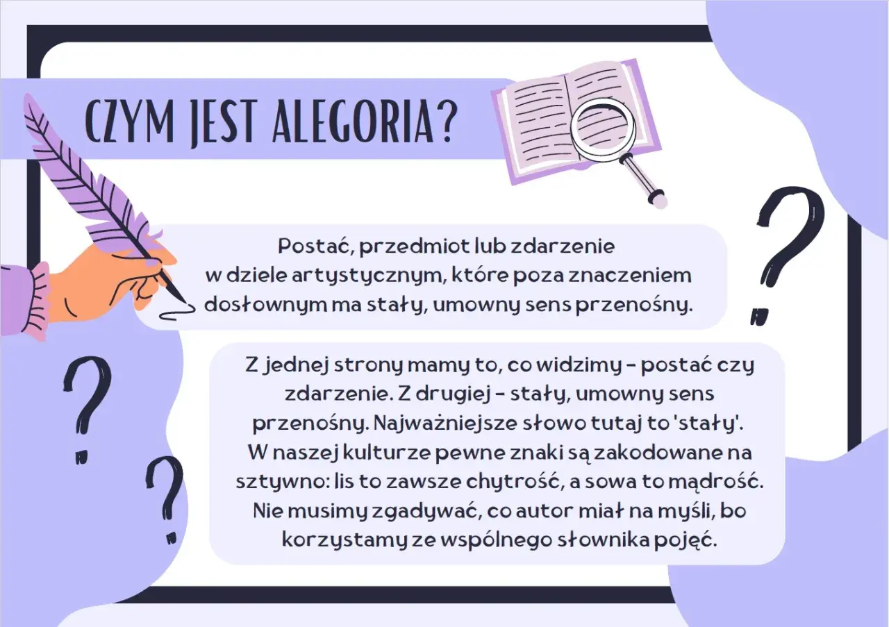 Co to alegoria? Obrazek wyjaśnia, że to postać lub zdarzenie w sztuce, które ma stały, umowny sens przenośny, jak lis symbolizujący chytrość.