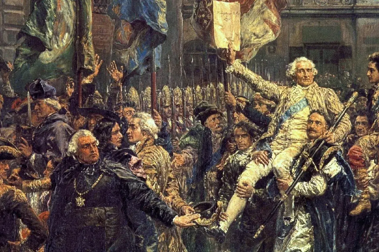 Tłum niesie na rękach mężczyznę w złocistym stroju, trzymającego dokument. Czy to symboliczny moment, który można nazwać "co to oświecenie"?
