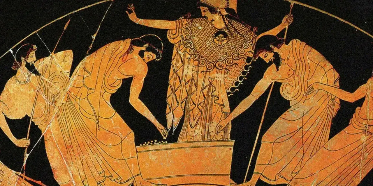 Starożytne malowidło przedstawia scenę z mitologizmów: kobiety w antycznych szatach wrzucają kamyki do urny, być może losując przeznaczenie.