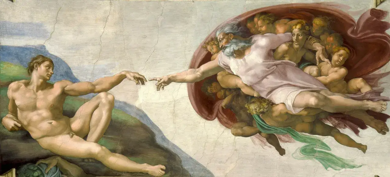 Stworzenie Adama, symbol humanizmu co to, gdzie Bóg tchnie życie w człowieka.