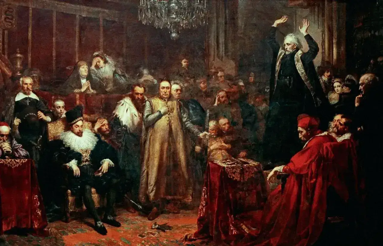 Scena z życia szlachty, ukazująca sarmatyzm w baroku. Bogato odziani mężczyźni w historycznych strojach, jeden przemawia z uniesionymi rękami.