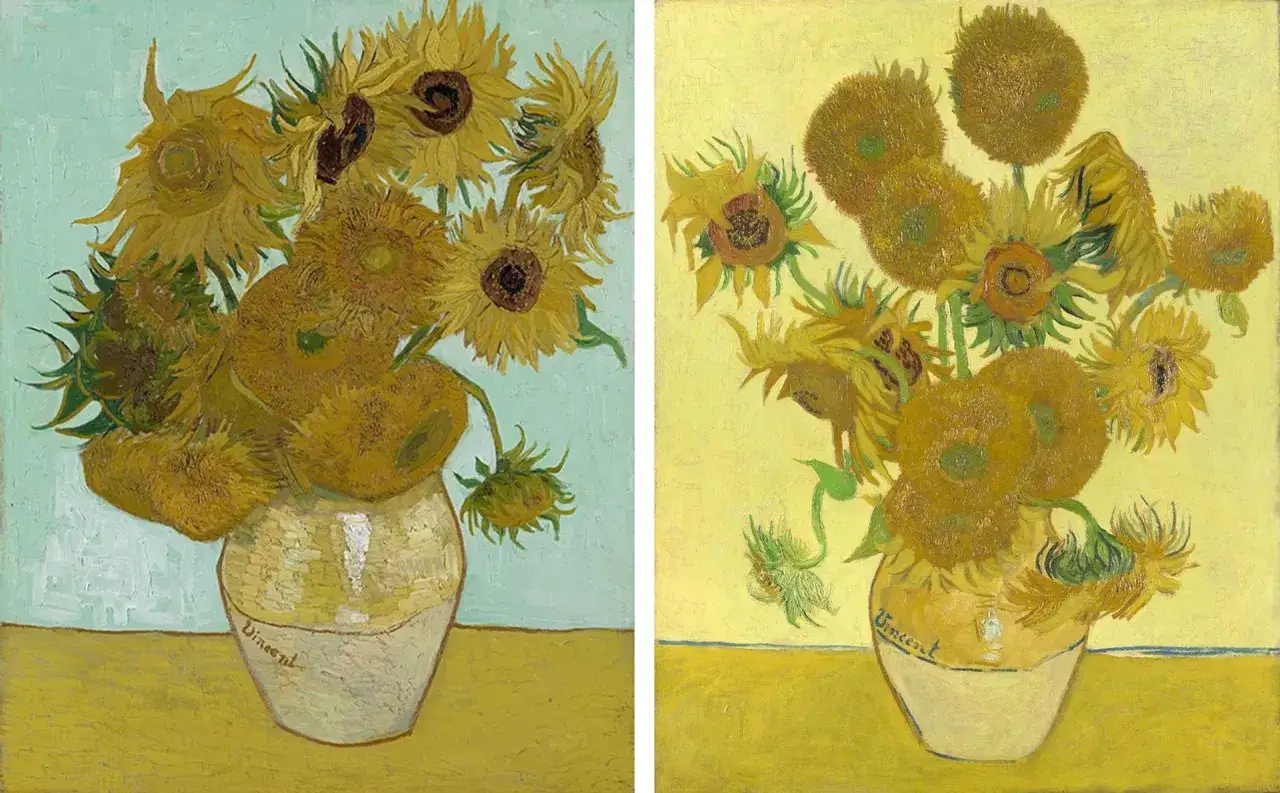 Dwa słynne obrazy van Gogha przedstawiające bukiety słoneczników w wazonach.