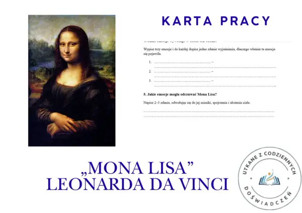Opis obrazu: "Mona Lisa" Leonarda da Vinci na karcie pracy.