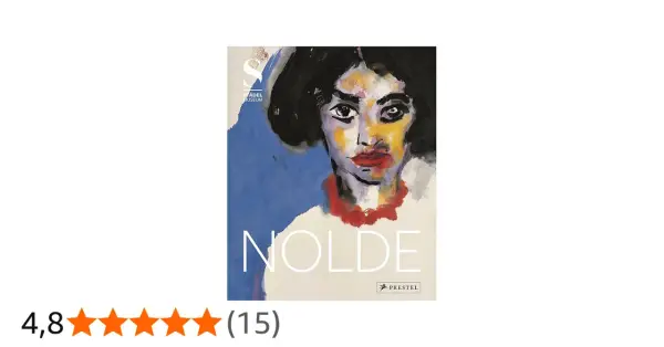 Portret kobiety w stylu ekspresjonistycznym, z widocznym napisem "NOLDE". Obok ocena 4,8 gwiazdki.